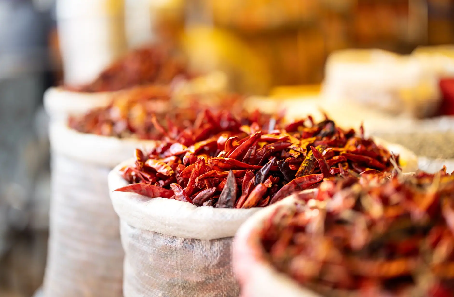 market sacks filled with dried red chillies