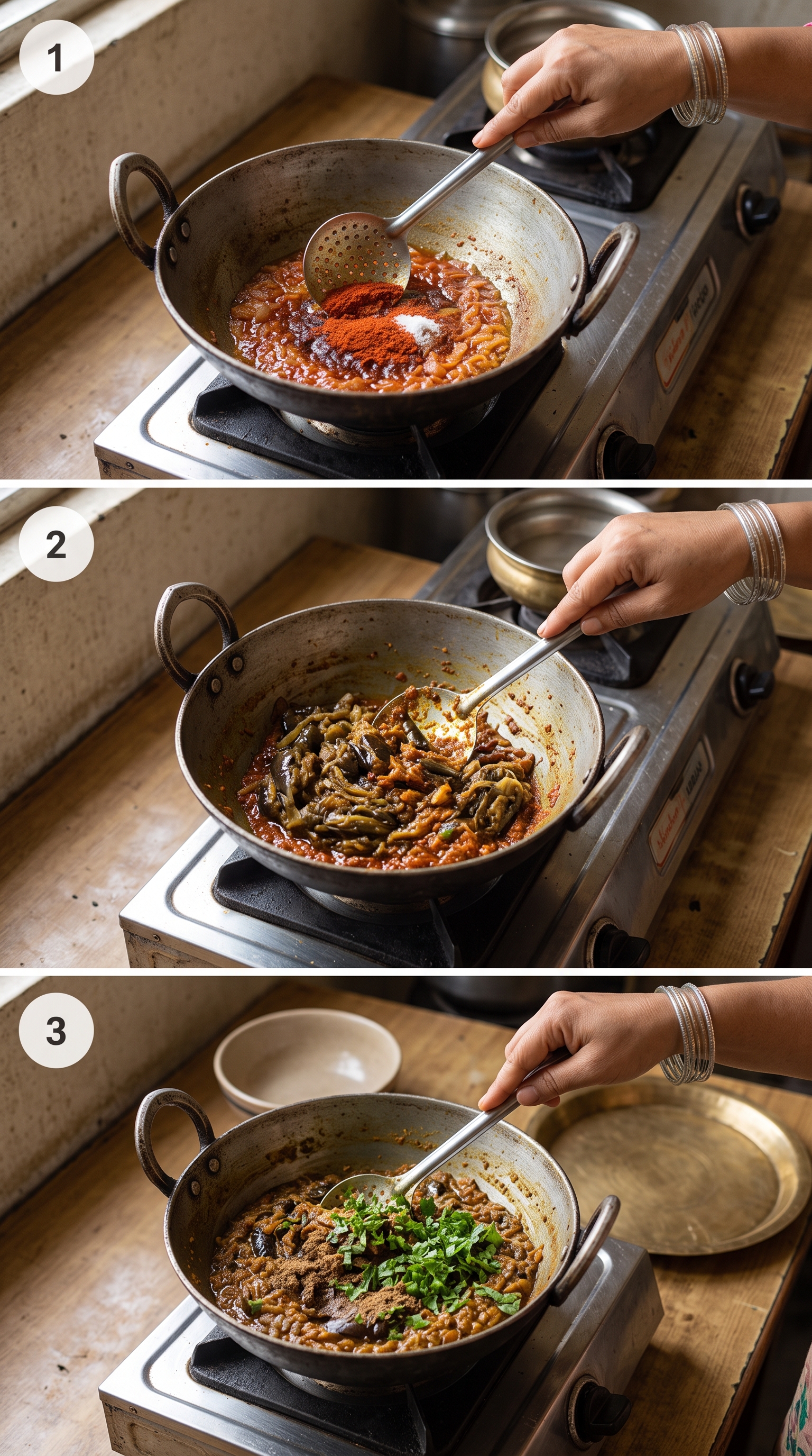 Baingan Bharta Recipe (Punjabi Style): Baingan bharta preparation (continued), step by step